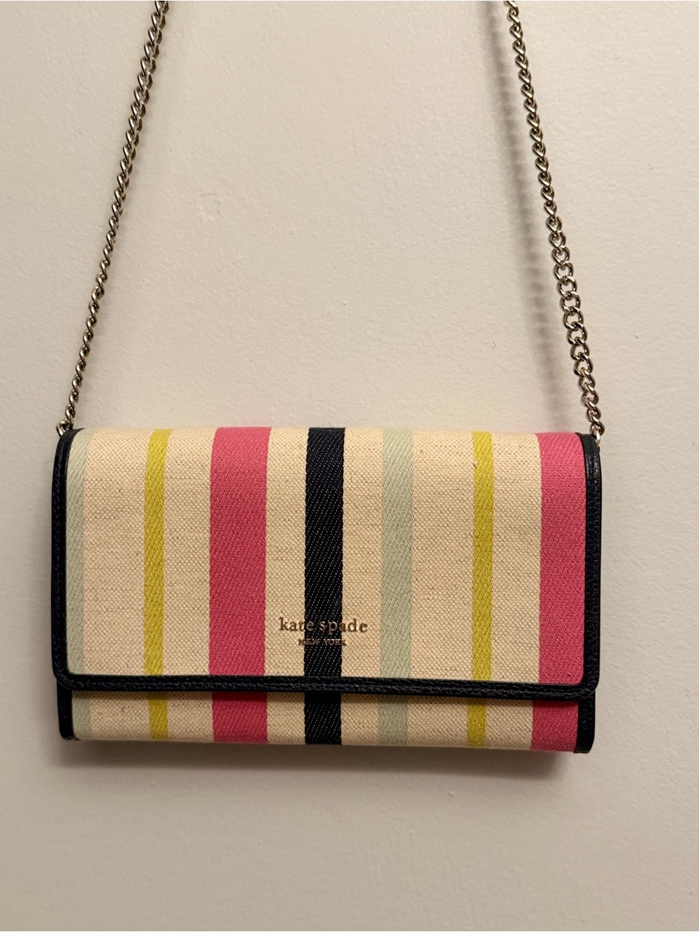 Kate Spade Striped Canvas Crossbody Wallet Multi-Sectional Navy Leather Trim